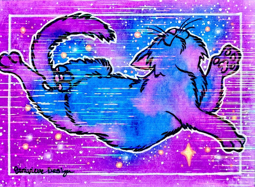 One of Jenivieve Design's original Series 1 Galaxy Cat ACEOs. A space cat floats lazily through the watercolor stars.