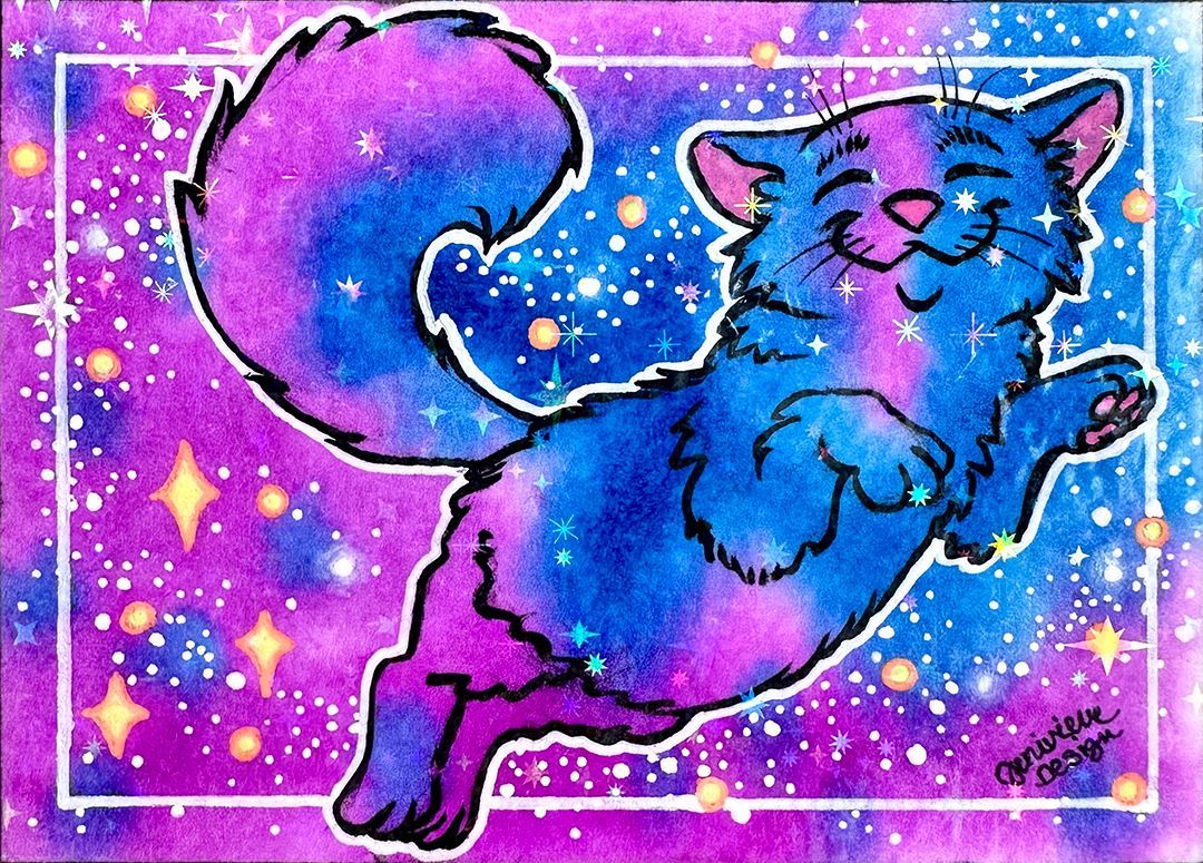 One of Jenivieve Design's original Series 1 Galaxy Cat ACEOs. A space cat floats lazily through the watercolor stars.