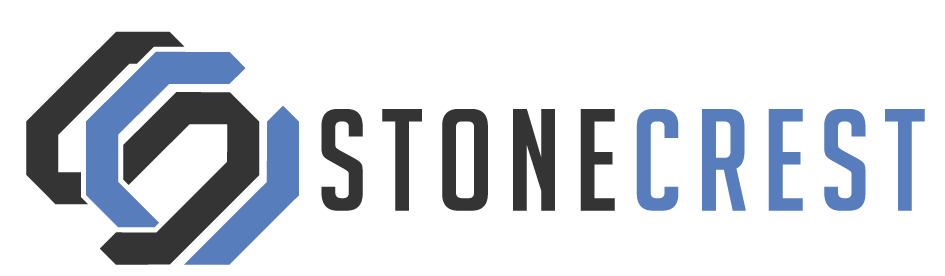 A logo for a company called stonecrest with a blue and black logo.