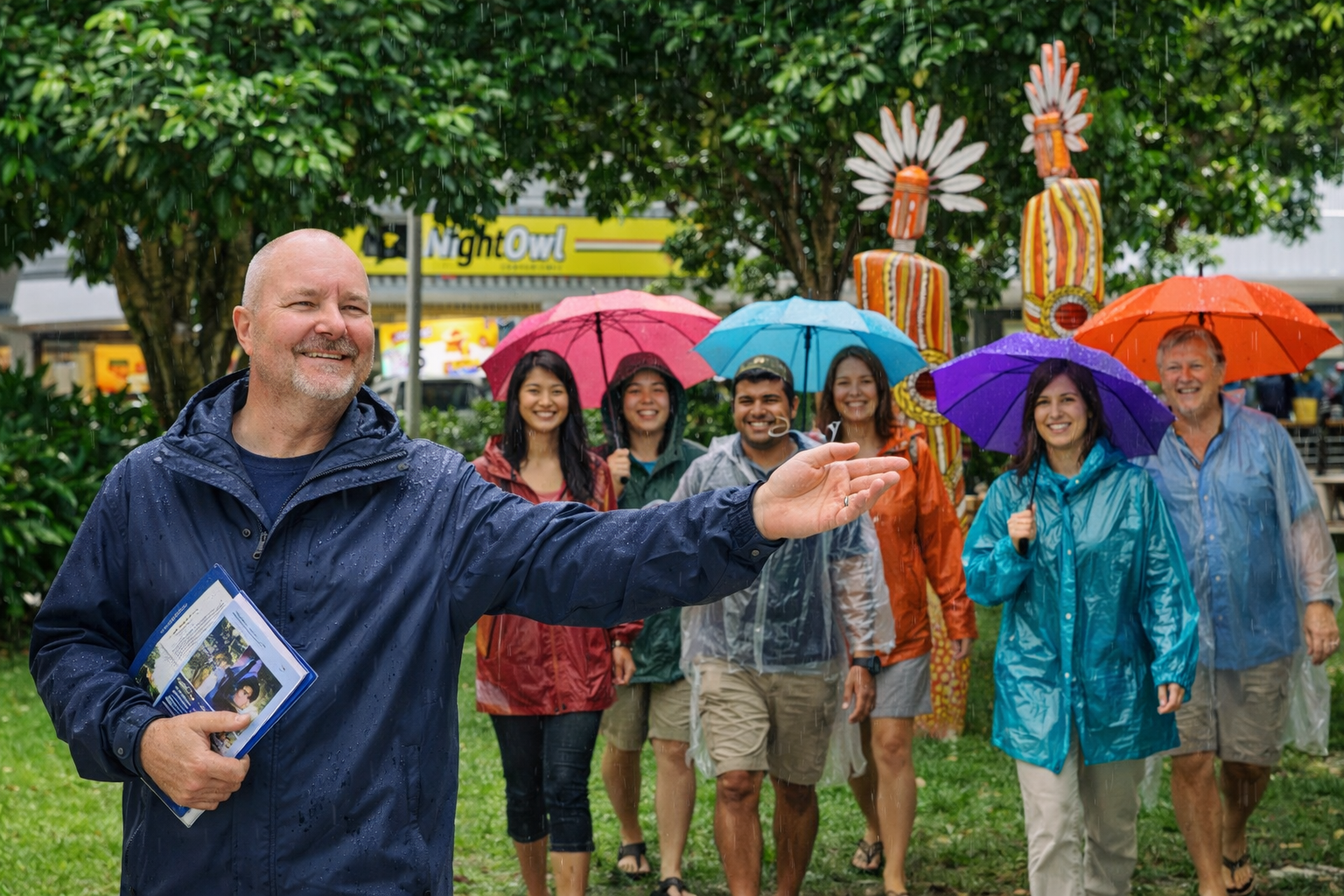 Local guide leading a small group walking tour in the rain through Cairns CBD, Queensland, with visitors wearing rain jackets and umbrellas, showcasing Cairns Urban Walking Tours as a popular wet-season activity and authentic city experience in Far North Queensland.