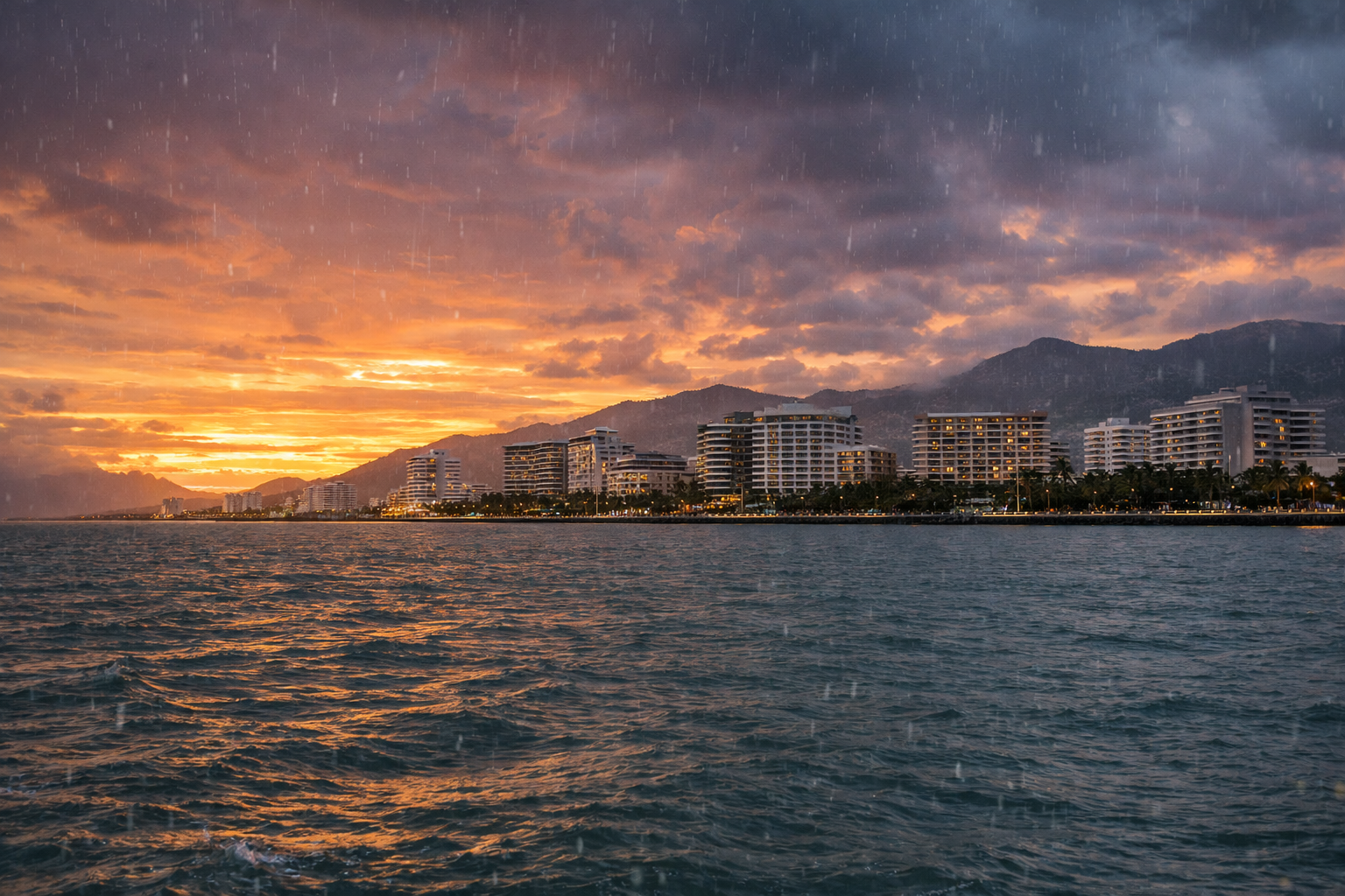 Cairns skyline at sunset viewed from the Coral Sea during light rain, with city lights reflecting on the ocean and tropical mountains in the background, Far North Queensland, Australia.