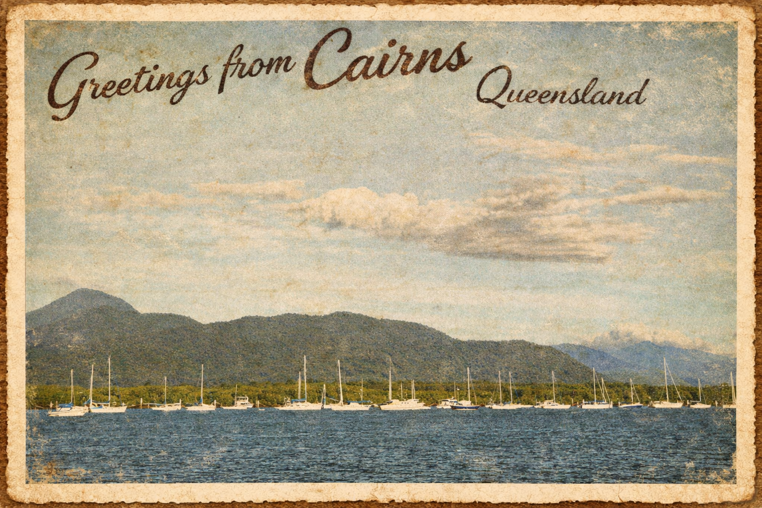Vintage postcard of Cairns Queensland showing sailboats on Trinity Inlet with rainforest mountains under a blue tropical sky, capturing the historic coastal charm of Cairns in Far North Queensland, Australia