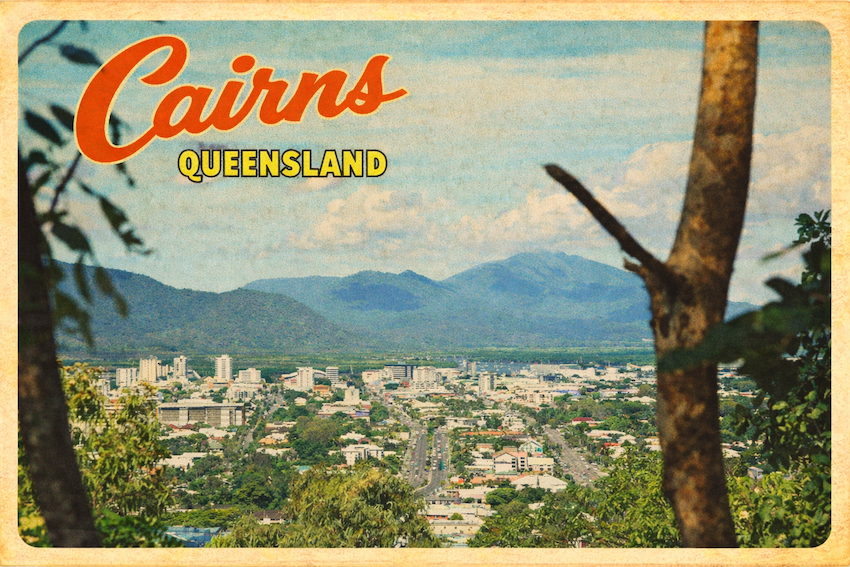 1970s-style vintage postcard illustration of Cairns city, Queensland, viewed from a lookout with lush rainforest framing the skyline, tropical streets below and the mountains of Far North Queensland in the background, capturing the historic character and local atmosphere of Cairns, Australia.