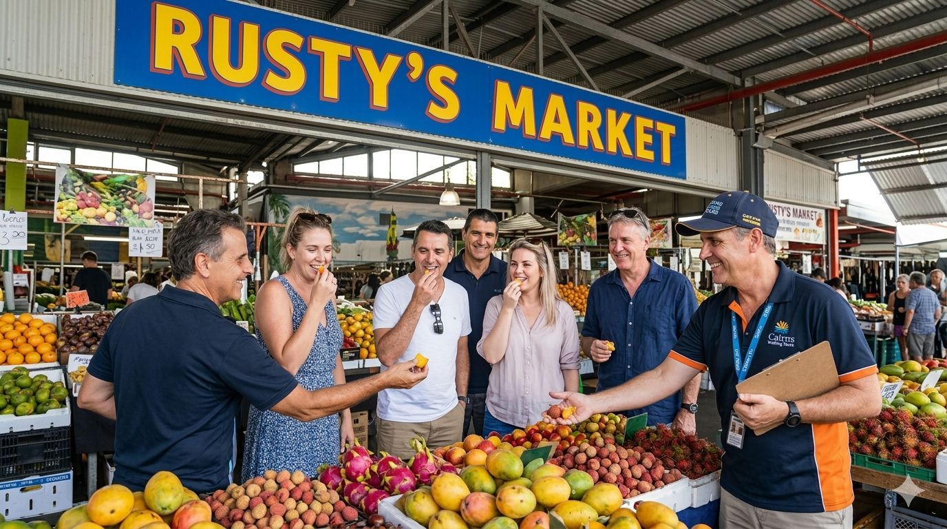 Visitors enjoying fresh tropical fruit at Rusty’s Market in Cairns, Queensland — a must-visit local experience often included in Cairns food walking tours.