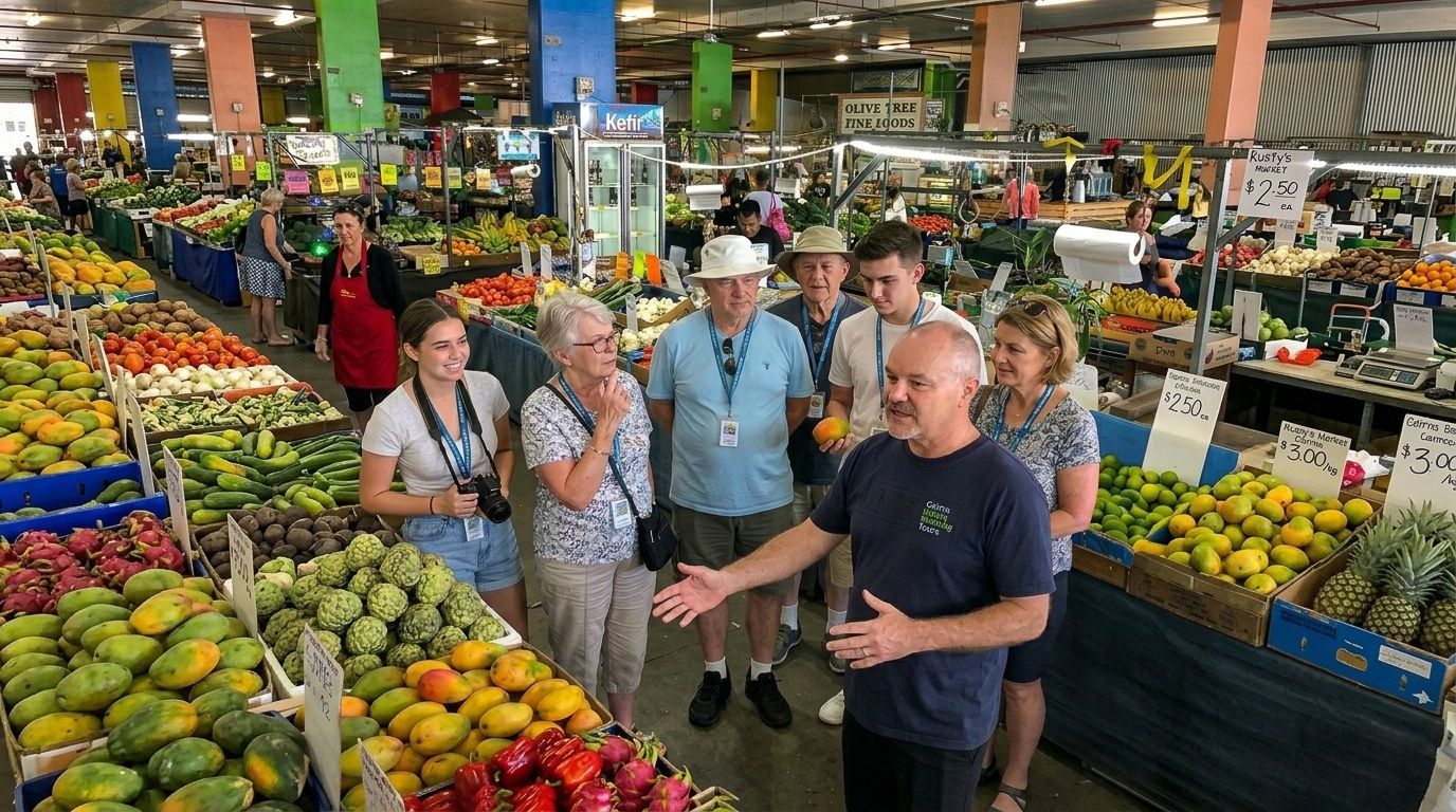 A local tour guide from Cairns Urban Walking Tours sharing insights with a group of travelers at a vibrant produce stall in Rusty's Market. This 'Local Experience' is a must-see for anyone searching for the best things to do in Cairns city center 2026.