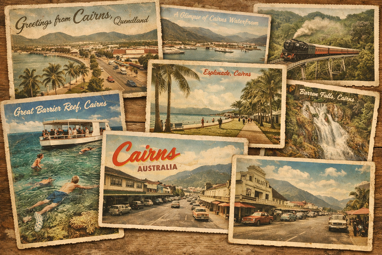 Vintage-style postcards from Cairns, Queensland, Australia, showing the Cairns Esplanade, historic city streets, tropical coastline, Great Barrier Reef scenes, Barron Falls, and classic heritage buildings, arranged as nostalgic travel memories capturing the history, culture, and local stories of Cairns in Far North Queensland.