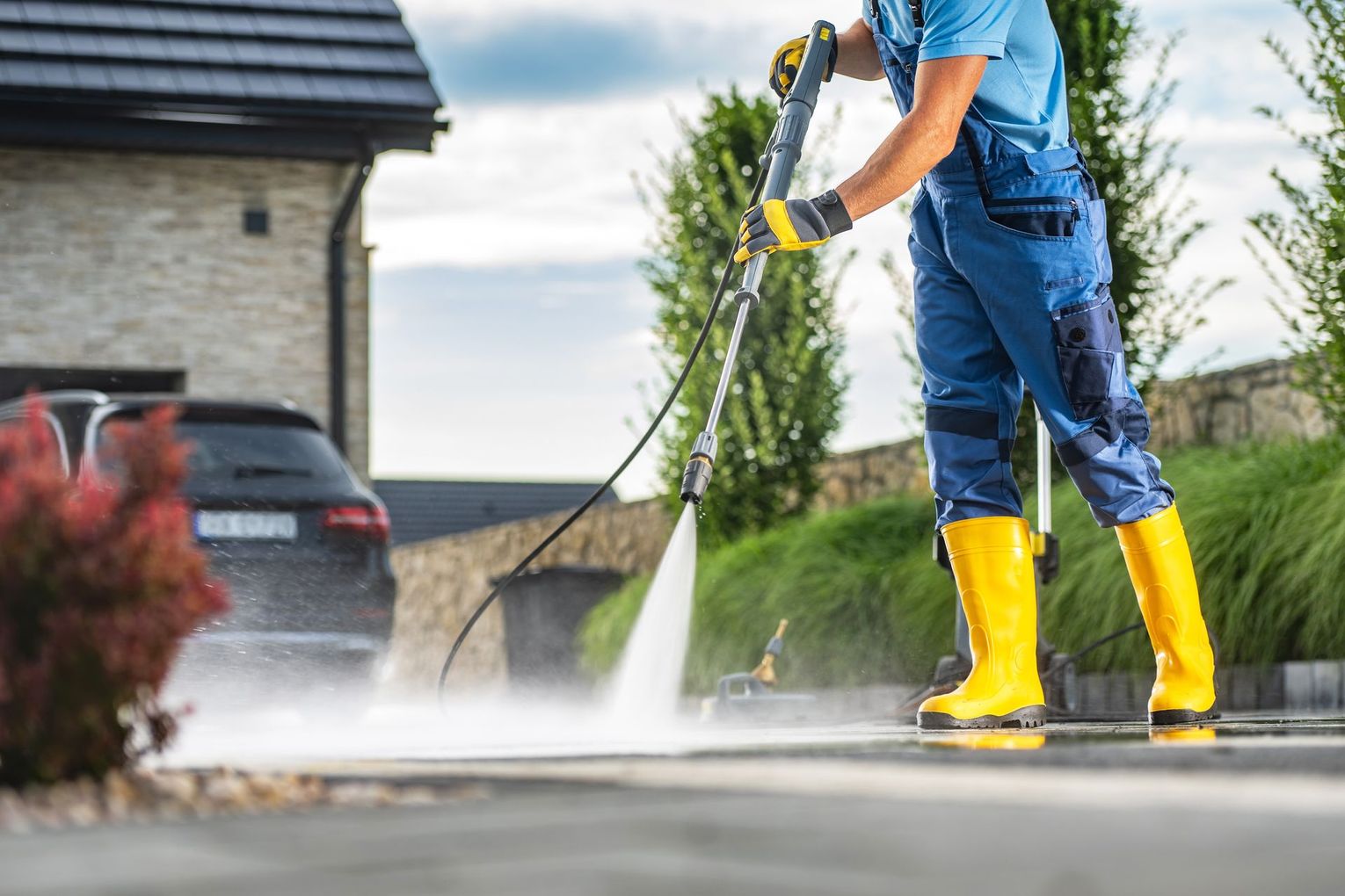 Worker pressure-washing a driveway beside a house, wearing blue overalls and yellow boots