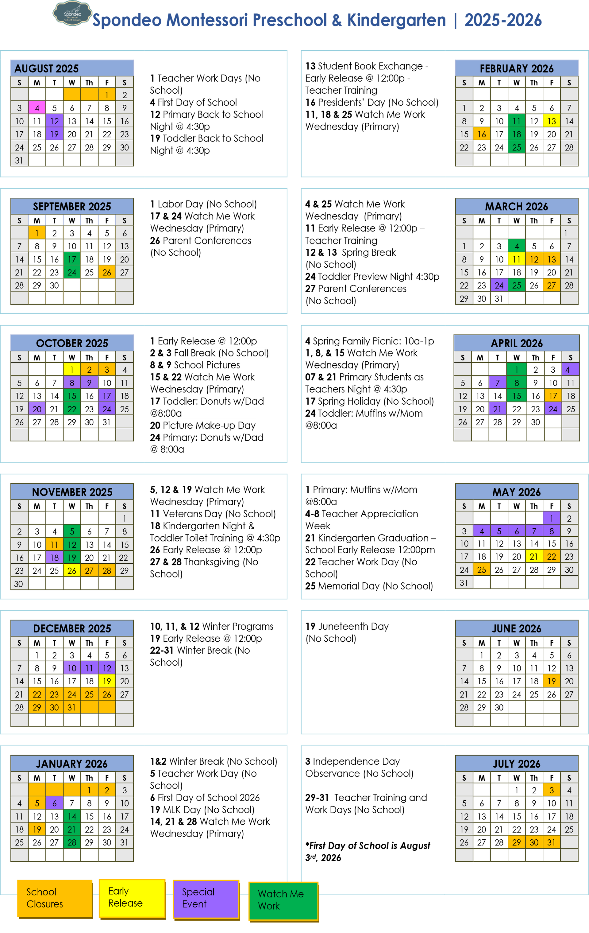 2025 - 2026 School Calendar