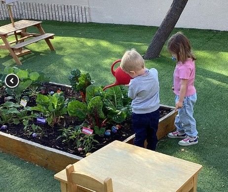Montessori toddler watering plants in the garden.