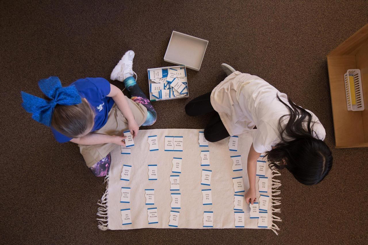 Montessori children working with language materials.