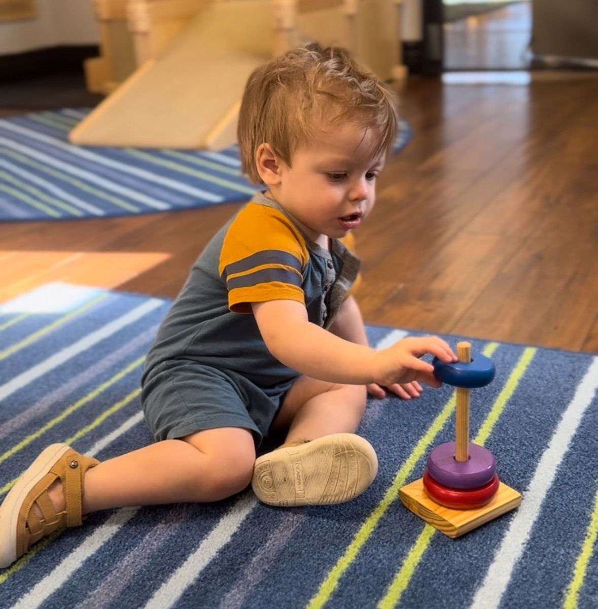 Montessori child is sitting on a carpet in the classroom holding ring tower.