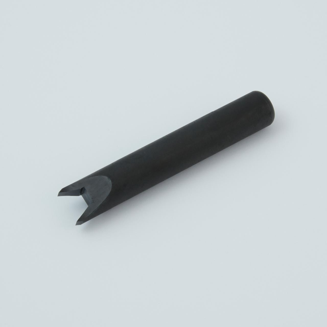 Black, cylindrical tool with a V-shaped notch at one end, on a white background.