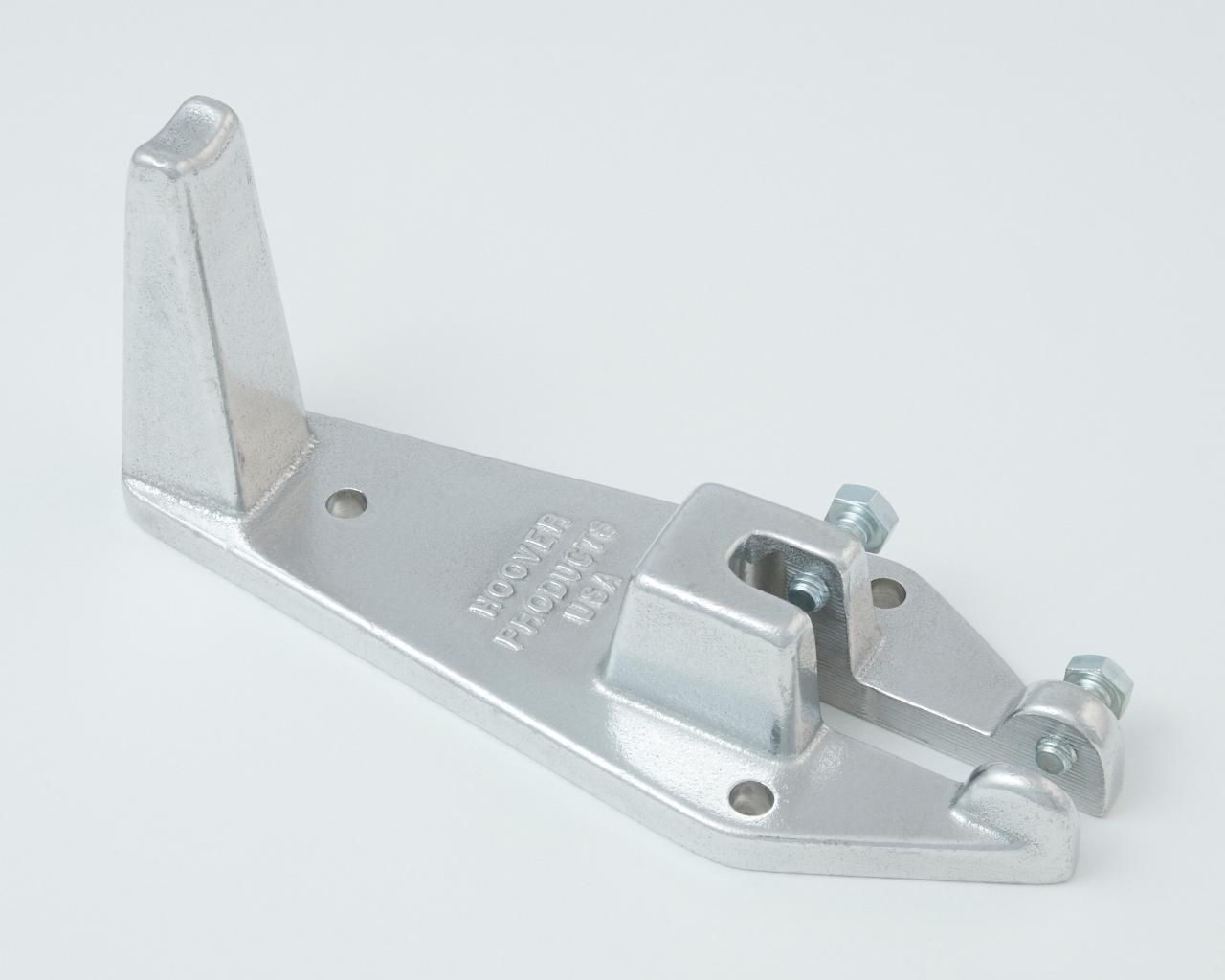 Silver metal bracket with a vertical extension, a clamping mechanism, and bolt fasteners.