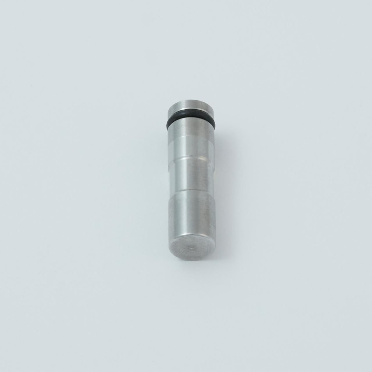 Silver cylindrical metal pin with black rubber O-ring near the top on a white background.