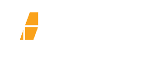 Yellow and white logo with abstract shape.