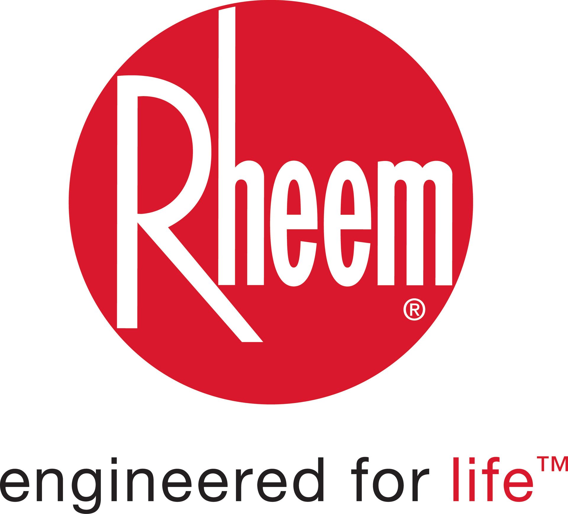The rheem logo is red and white and says engineered for life