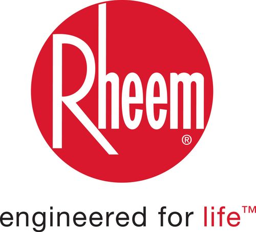 The rheem logo is red and white and says engineered for life