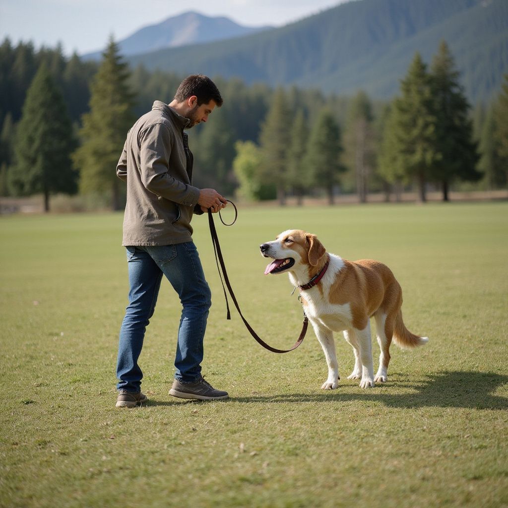 Man with dog on leash in a grassy field. Mountains and trees in the background.