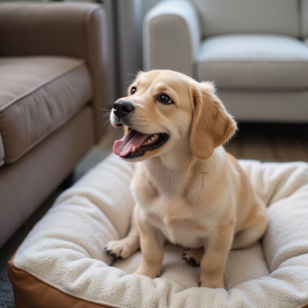 Tan puppy sits on a dog bed, mouth open, looking to the side. Living room setting.