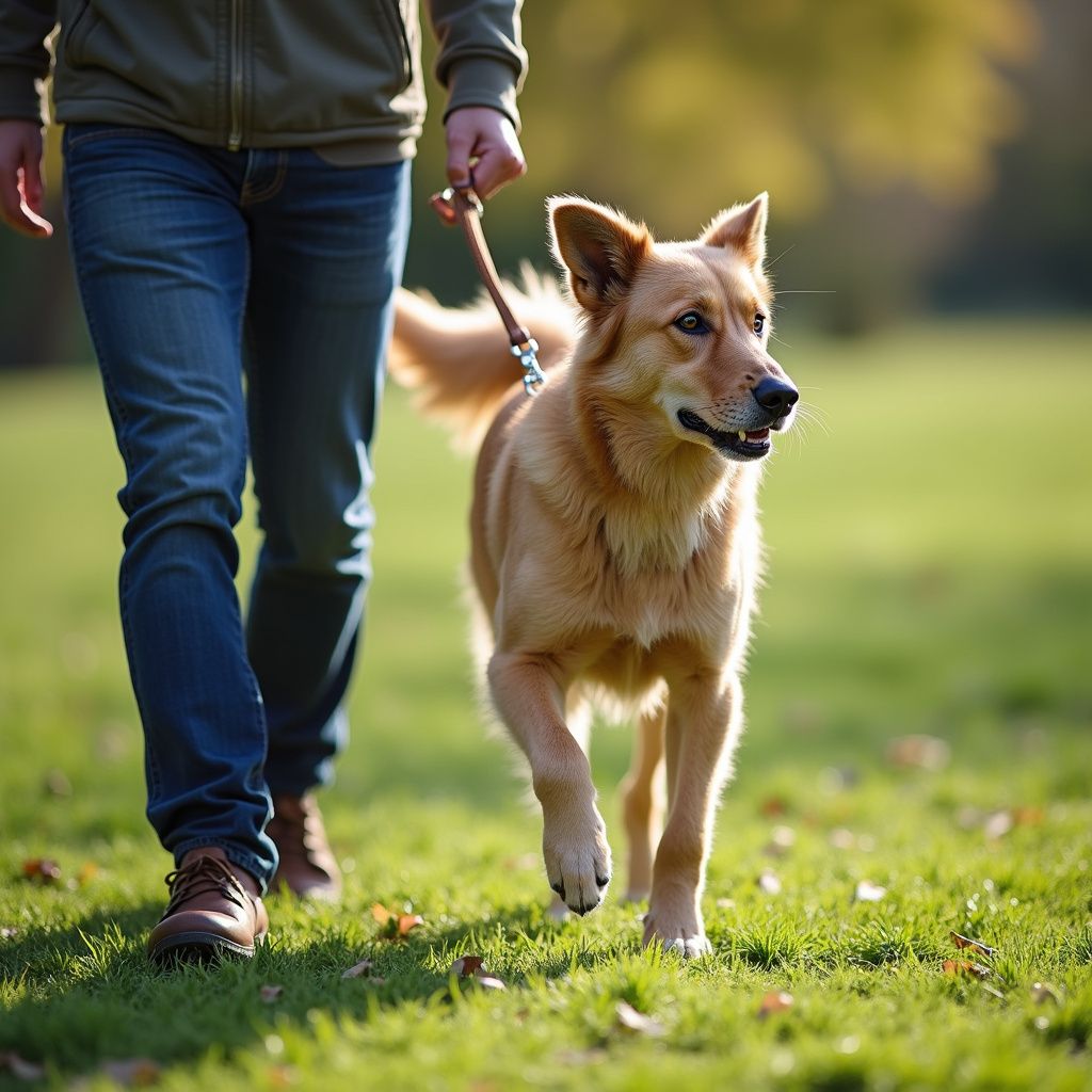 Person walking a tan dog on a leash in a grassy park.
