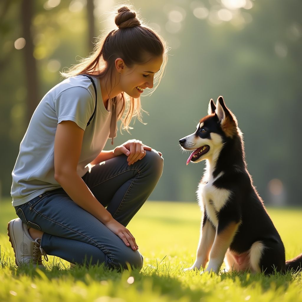 Woman kneeling and smiling at a black and white puppy in a grassy park.