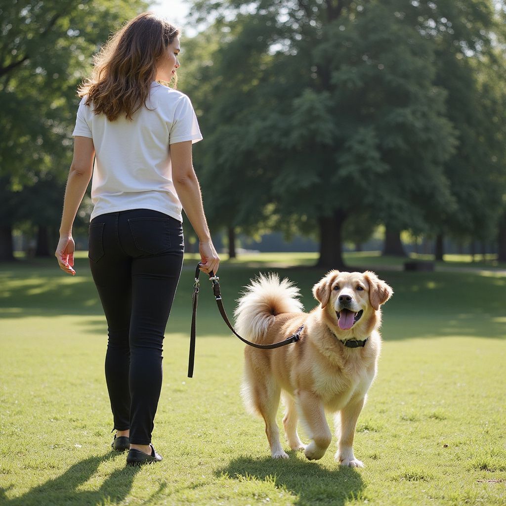 Woman walking a golden retriever in a park, both looking ahead on a sunny day.