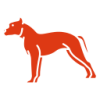 Orange silhouette of a dog in a standing pose, wearing a collar.