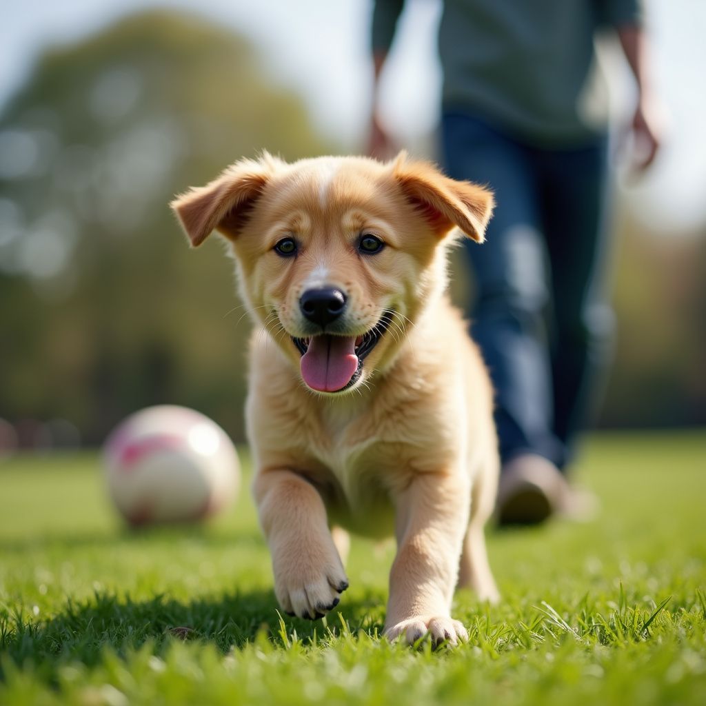 Golden puppy running toward the camera on green grass, with a soccer ball and person in background.