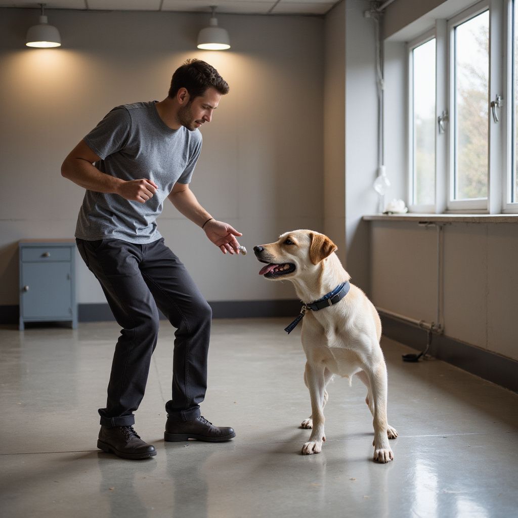 Man training a yellow Labrador in a room with a window; the dog is sitting, looking at the man's hand.