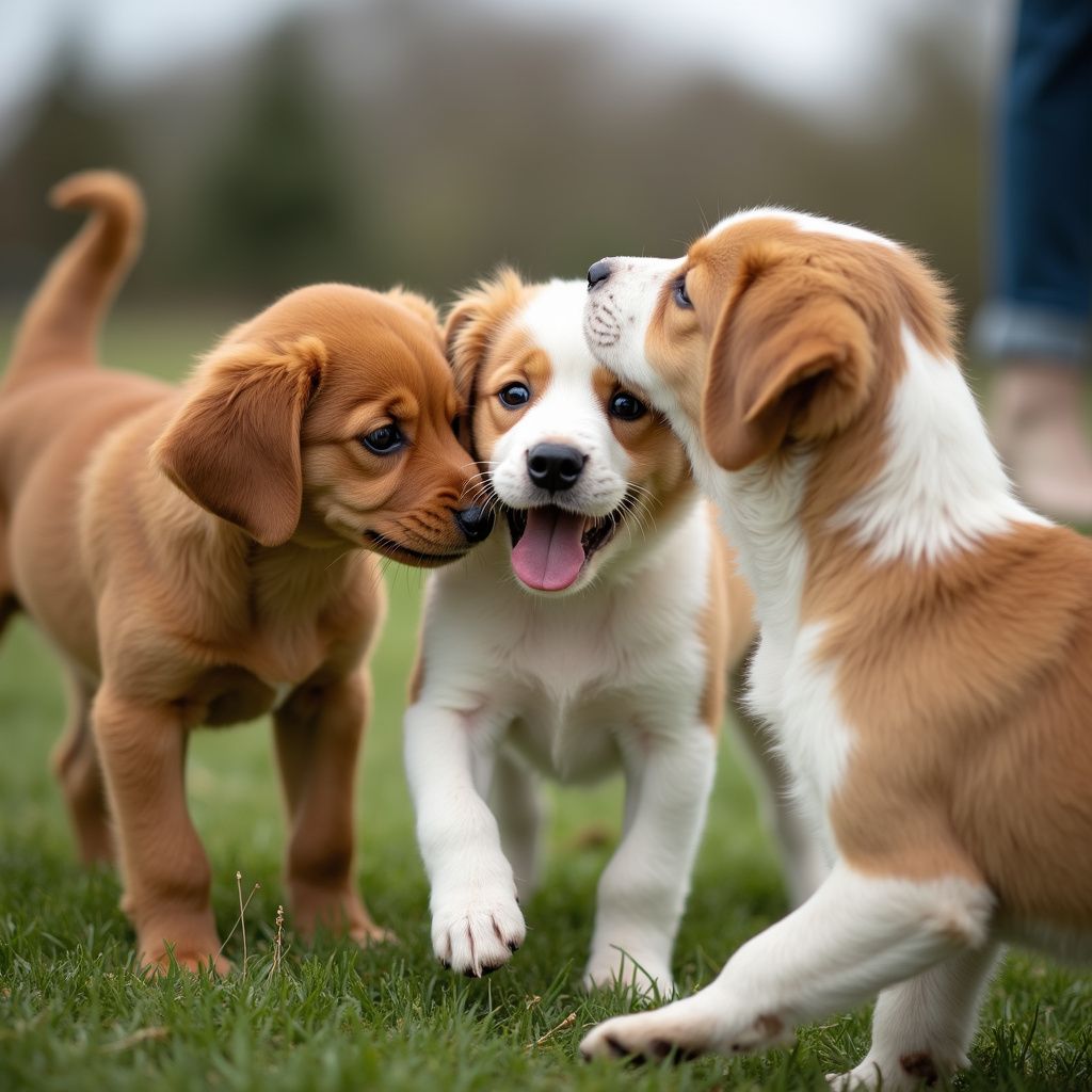 Three playful puppies on green grass, two brown, one white/brown, one nuzzling another, all with happy expressions.
