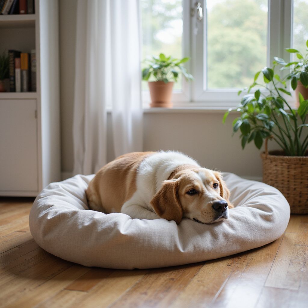 Beagle dog relaxing on a beige dog bed in a room with a window and potted plants.
