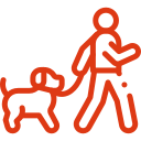 Red outline of person walking dog on leash.