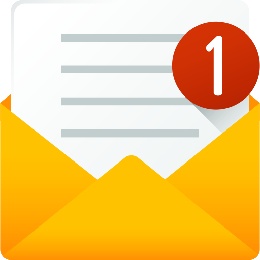 Yellow envelope with open flap showing a document; a red circle with the number 