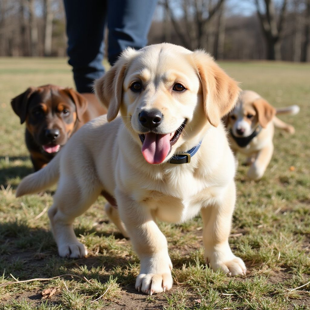 Three puppies playing in a grassy field; one yellow Lab puppy in focus with open mouth.