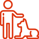 Person petting a dog, both outlined in orange.