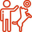 Person throwing a disc for a dog jumping up. Orange lines on white background.