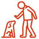 Person training a dog: hand extended, dog sitting. Orange outline on white background.