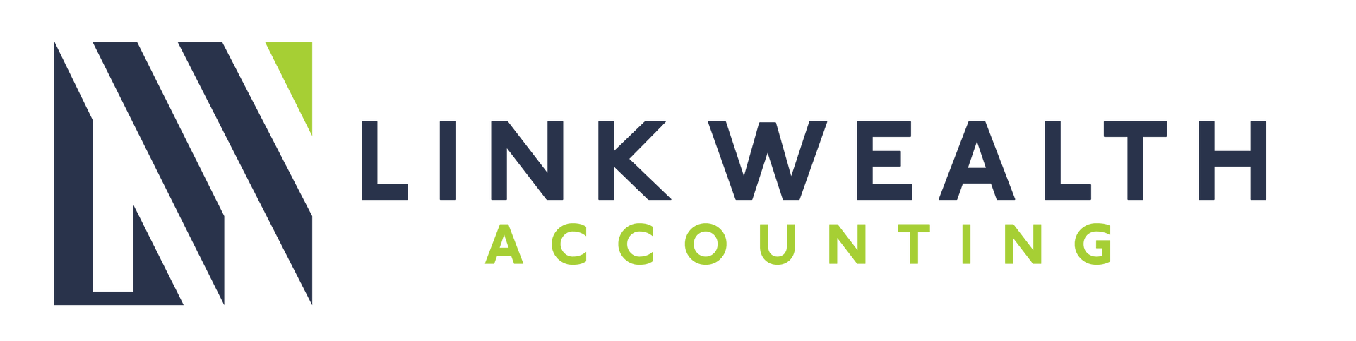 Logo of Link Wealth Accounting, featuring an abstract geometric design with navy and lime green text.