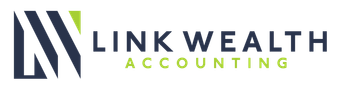 Logo of Link Wealth Accounting, featuring an abstract geometric design with navy and lime green text.