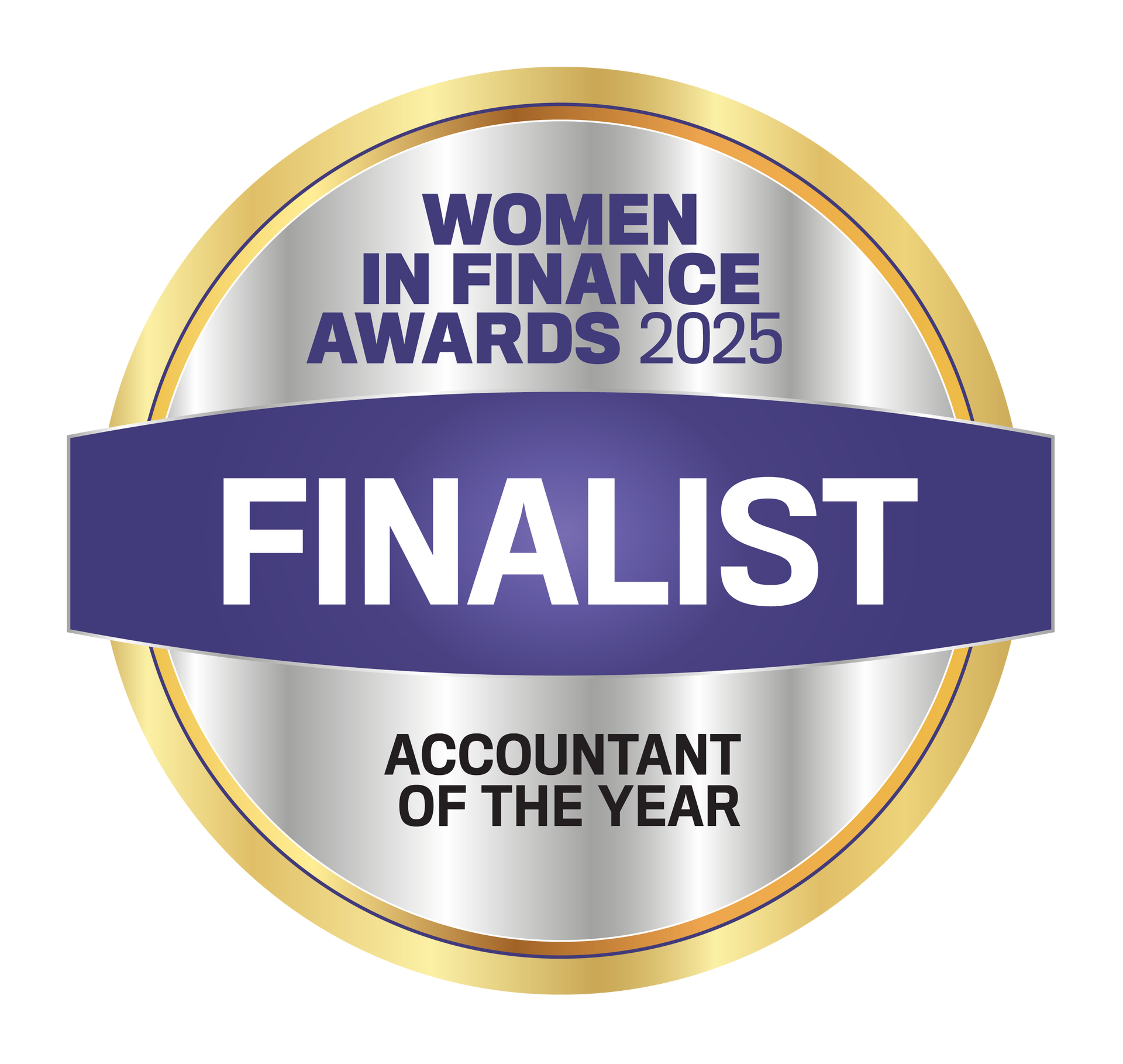 Women in Finance Awards 2025 finalist badge. Silver and gold circular, text reads 