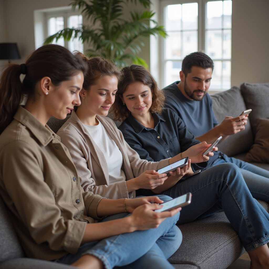 Four people sitting on a couch looking at their phones, indoors.