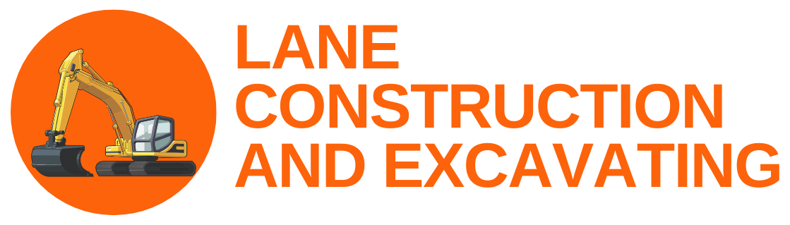 A logo for lane construction and excavating with an excavator in an orange circle.