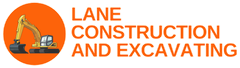 A logo for lane construction and excavating with an excavator in an orange circle.