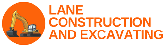 A logo for lane construction and excavating with an excavator in an orange circle.