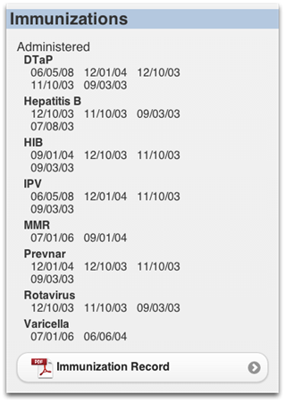 A list of immunizations including dtap and hepatitis b