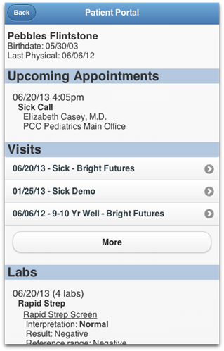 A screenshot of a patient portal showing upcoming appointments and visits