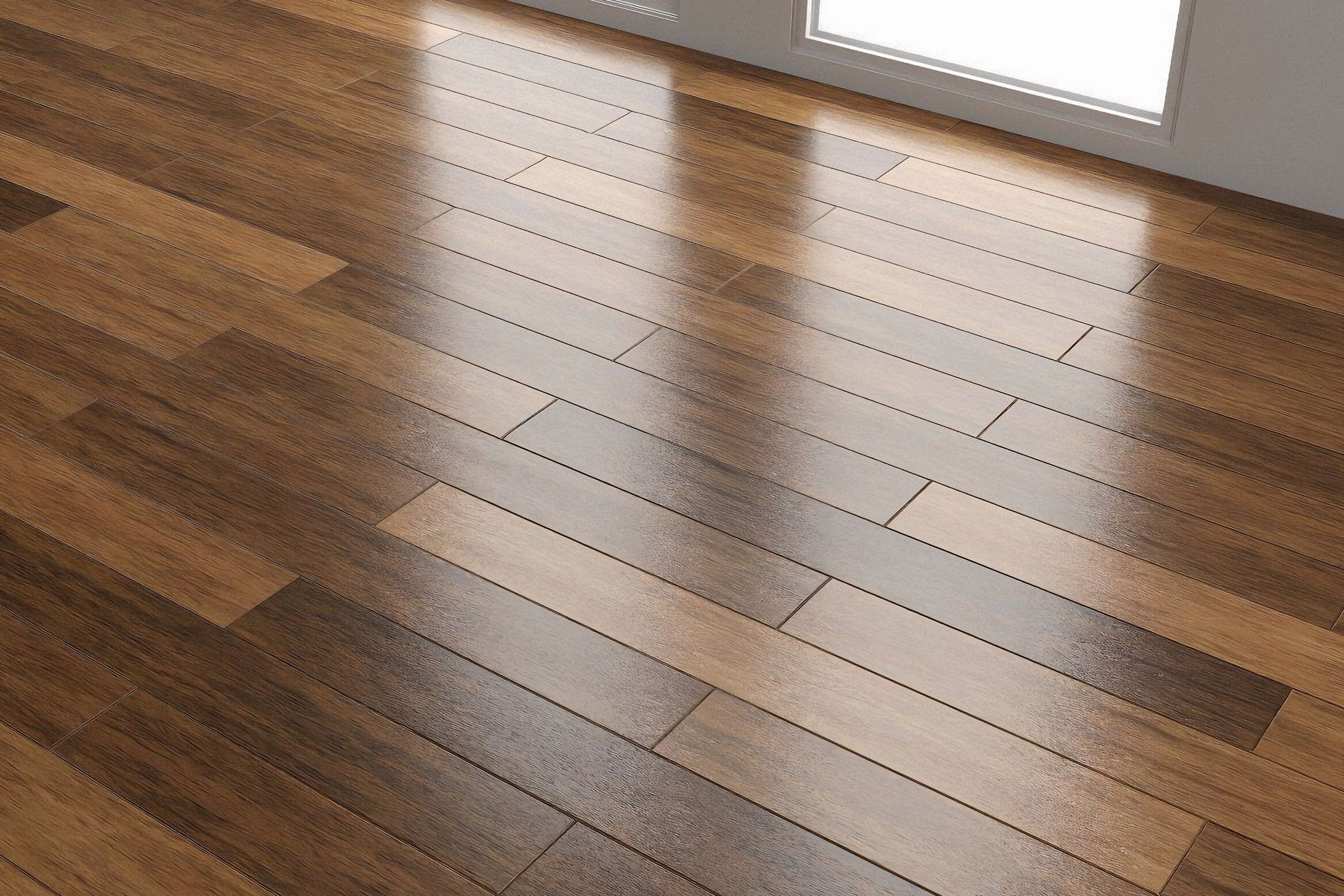 Glossy brown hardwood flooring with a staggered plank pattern, reflecting light near a window.