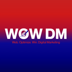 WOW DM logo with text on a red/blue gradient, including a symbol depicting a graph and the words "Web. Optimize. Win. Digital Marketing".