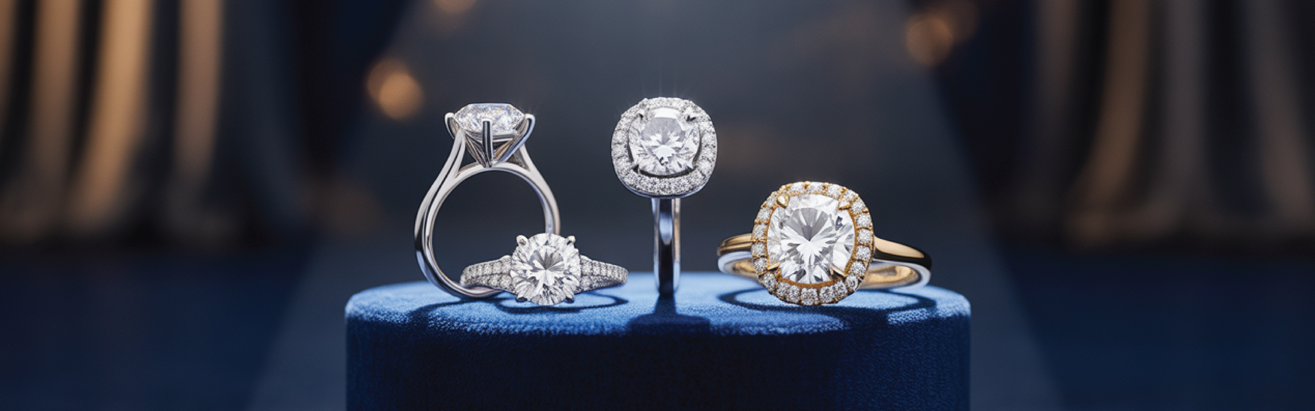 Four unique engagement rings displayed at a local jeweler in Wading River, New York.