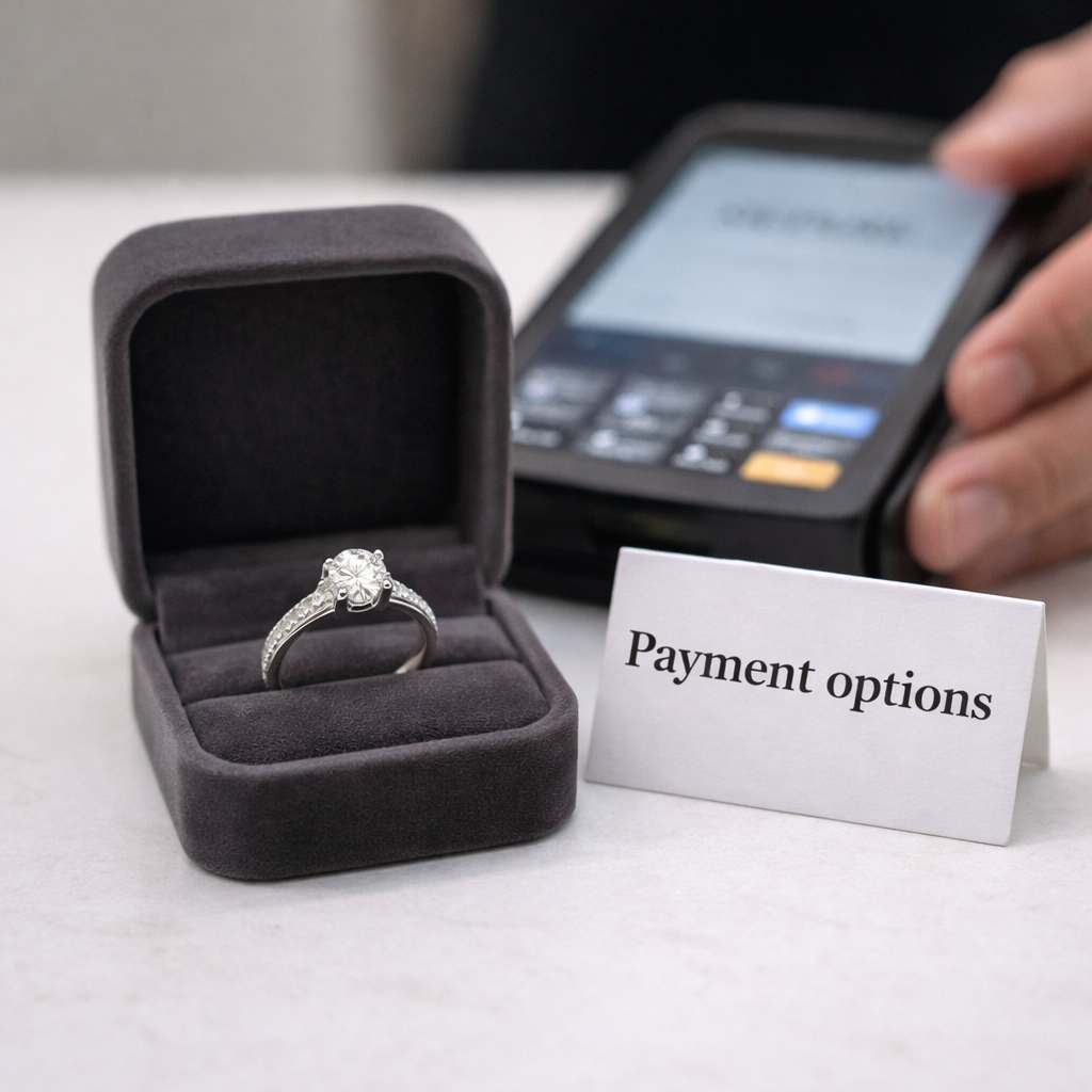 Jewelry box with unique engagement ring on counter beside payment options card and blurred checkout screen.